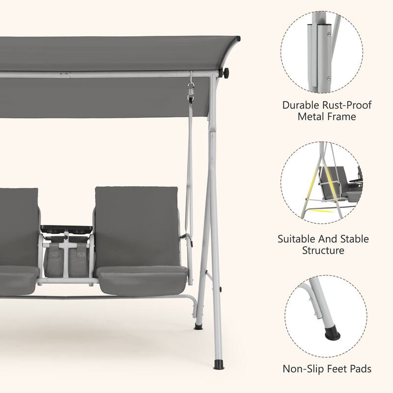Outdoor Swing with Stand, Canopy, Pivot Table & 2 Cup Holders - Patio, Balcony, Bedroom