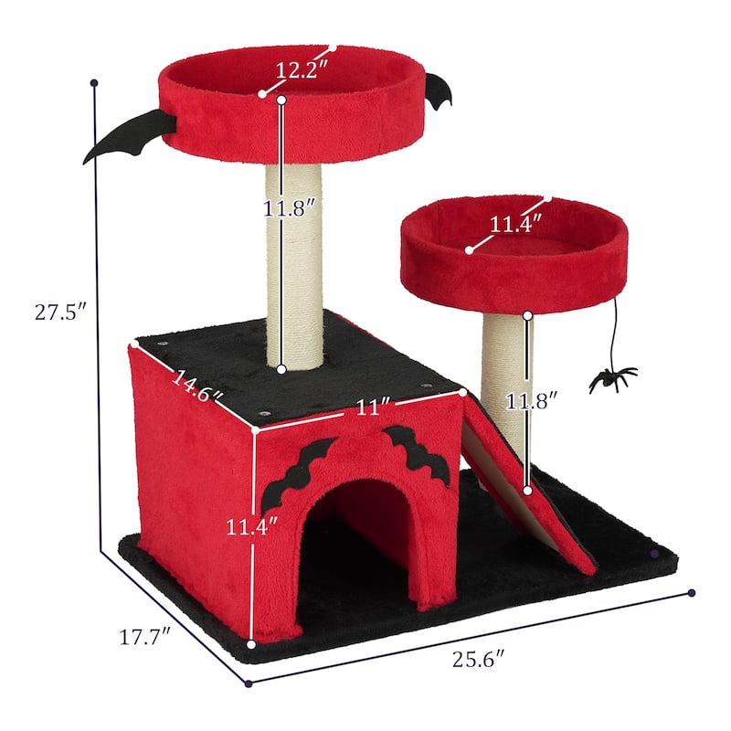 26" Gothic Cat Tree with Condo, Perches, Scratching Posts & Toy