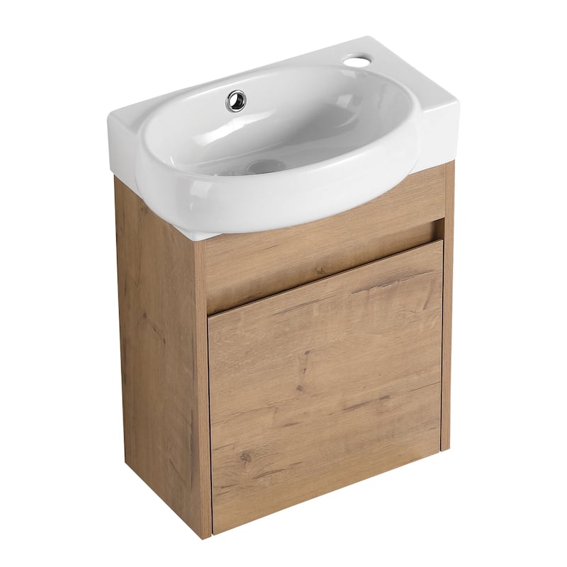17 in.W Wall-Mounted Plywood Bathroom Vanity in Imitative Oak with Ceramic Sink