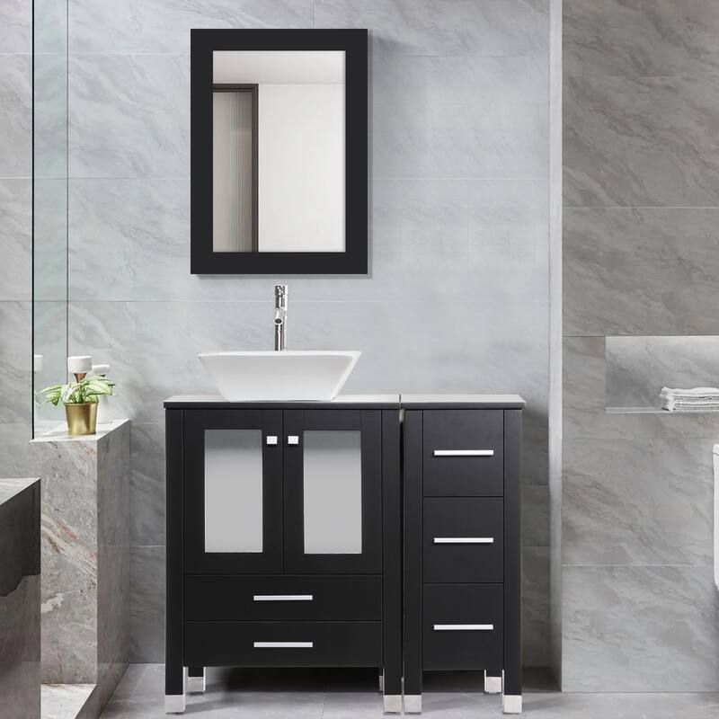 36" Bathroom Vanity with Sink Set Side Cabinet - Black - B-Ceramic square sink