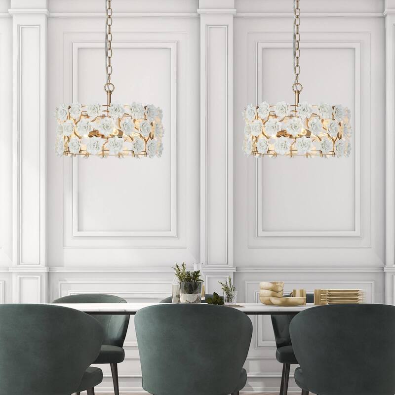 Nesia Mid-century Modern Drum Chandelier 3-light with Handmade Ceramic Flower for Dining Room - Matte Rose Gold - D 16" X H 73"