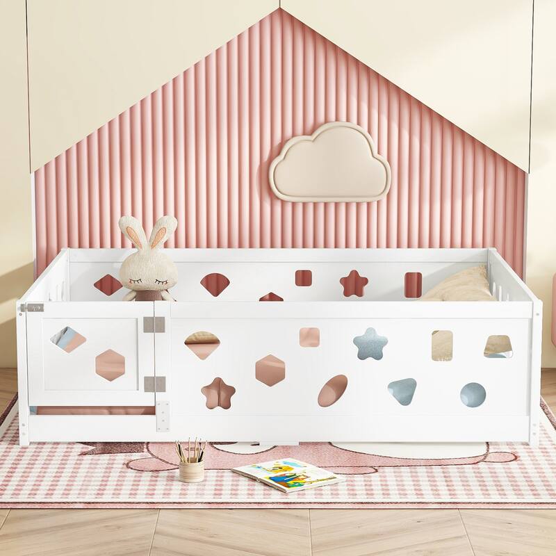 Solid Wood Montessori Floor Bed Frame, Geometric Shaped Floor Bed with Fence and Door, Wooden Slats Support - White - Full