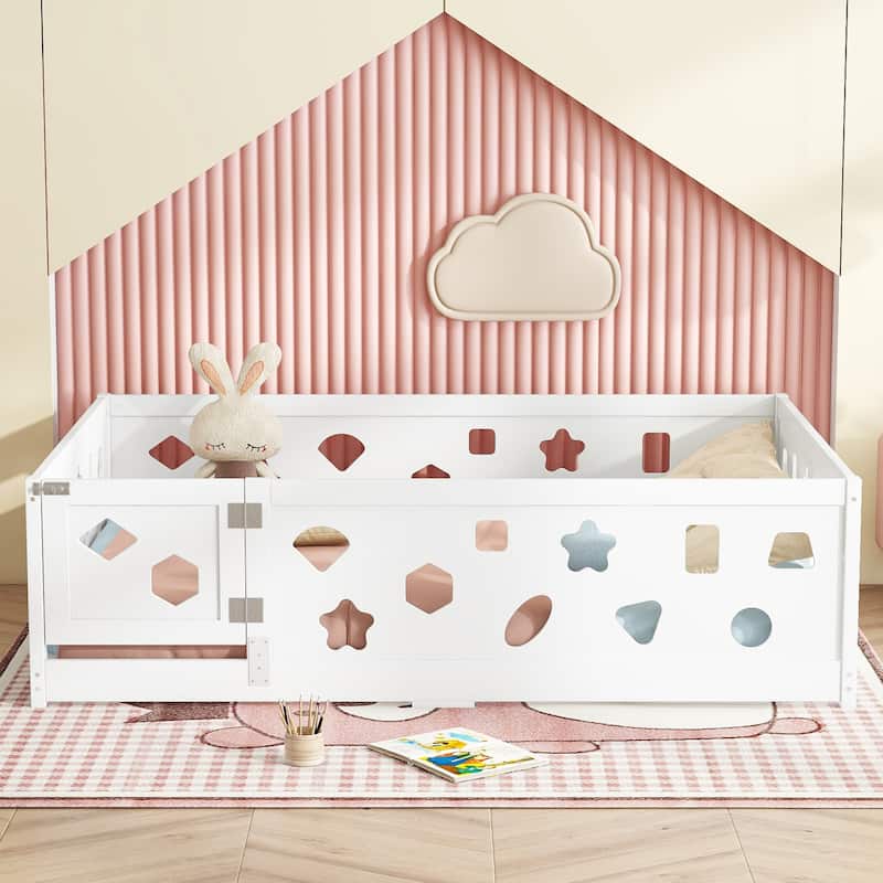 White Bed Frame Montessori Bed Twin Size Toddler Floor Bed with Guardrails and Door for Children Boys Girls Kids Playroom
