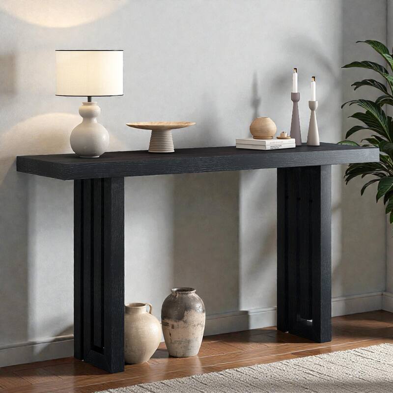 Oak Veneer Console Table with Unique Side Design, Modern Entryway Table for Hallway Living Room