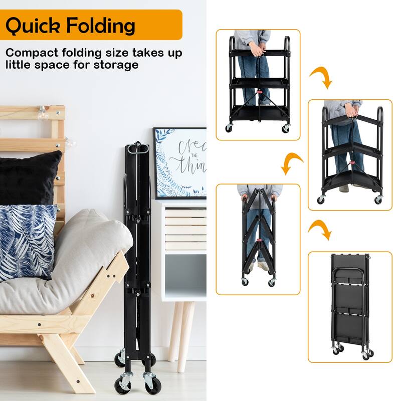 Costway Folding Collapsible Service Cart Heavy-Duty 3-Shelf Tool Cart - 24'' x 17'' x 38'' (L x W x H)