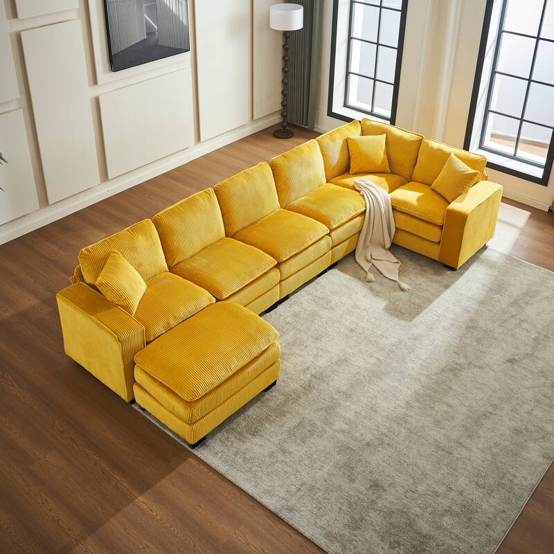 118.1'' Luxurious U-Shaped 6-Seater Sectional Sofa with Ottoman and 3 Plush Throw Pillows in Durable Corduroy Upholstery