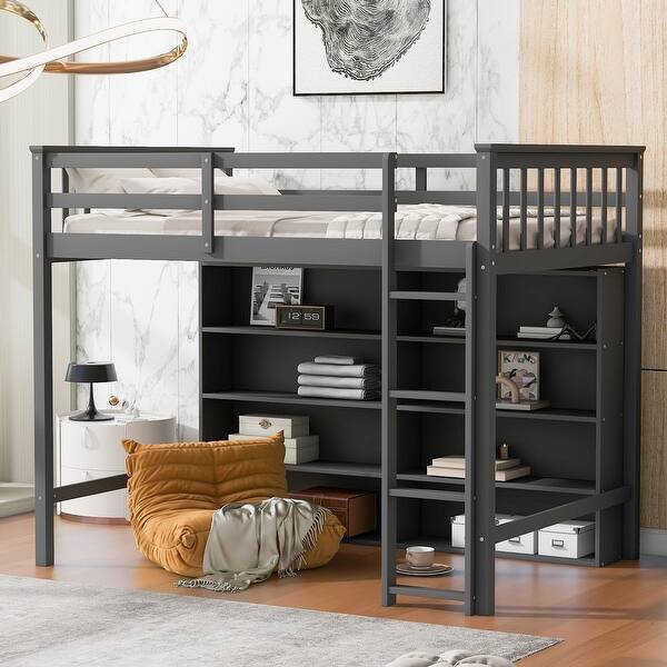 slide 2 of 10, Twin Size Loft Bed with 8 Open Storage Shelves and Built-in Ladder, Solid Wood Bed Frame for Kids and Teens Grey - Twin