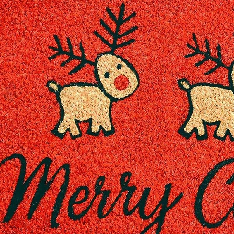HomeRoots 17" X 29" Red And Black Coir Reindeer Outdoor Christmas Door Mat - 17' X '29