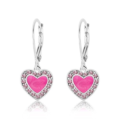 New 925 Sterling Silver with a White Gold Tone Pink Enamel Heart Kids Earrings