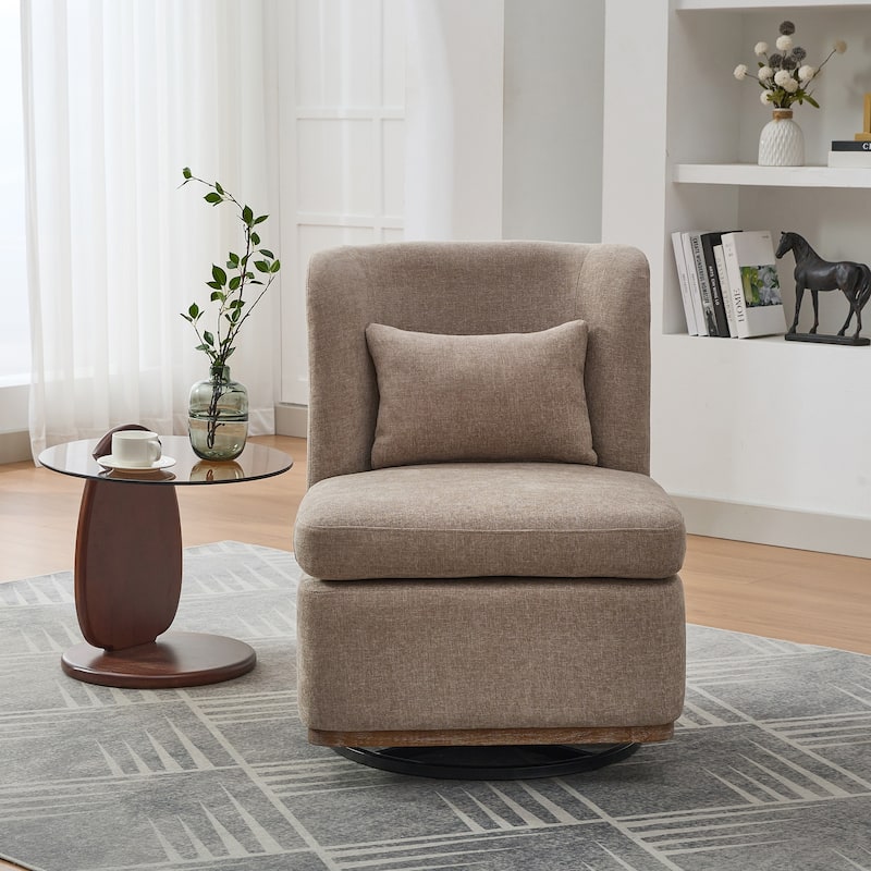 Chenille Upholstered Swivel Accent Chair, Armless Sofa Chair with Pillow, Lounge Reading Chair with Metal Base - taupe