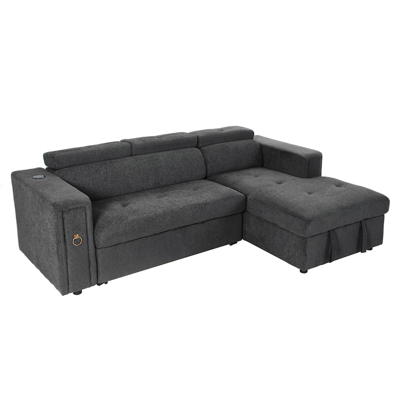 96" L-Shaped 3-Seat Sectional Sofa with Pull-Out Bed, Wireless Charging, and Hidden Storage with Cup Holders