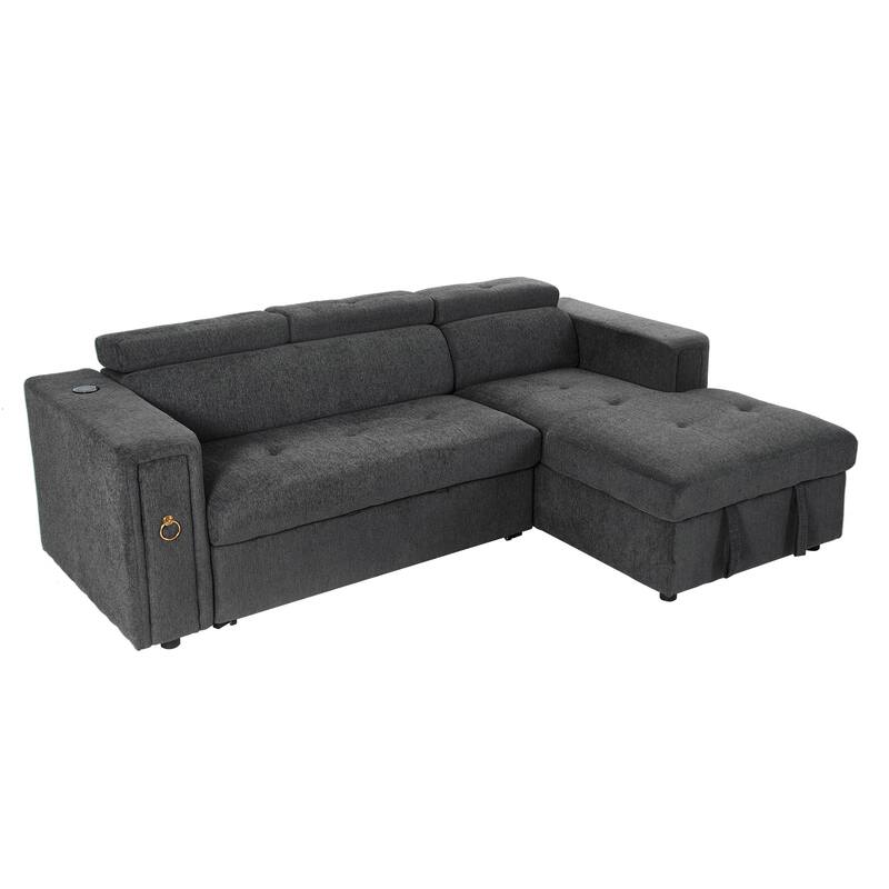 L-Shaped Pull Out Sofa Bed Modern Convertible Sleeper Sofa with 2 USB ports, 2 Power Sockets and 3 Pillows