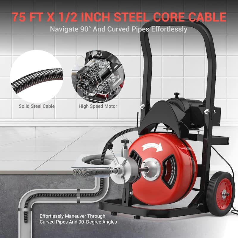 75Ft x 1/2in Auto-Feed Electric Drain Cleaner, 450w Sewer Snake for 2-4 Inch Pipes