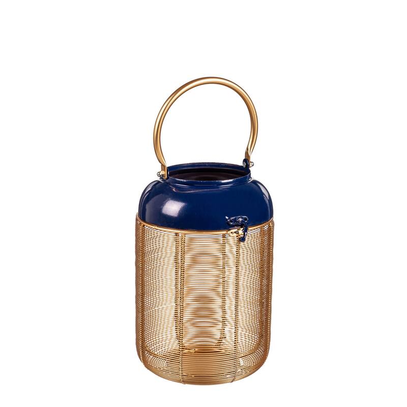 Metal Blue and Gold Lantern with Handle Set of 2
