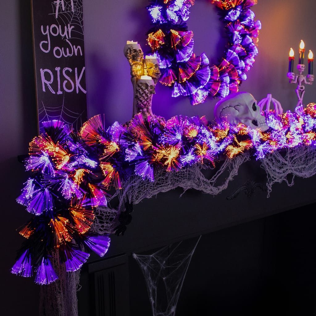 Multi Function Fiber Optic Artificial Halloween Garland - 6' x 6" - Black - Purple and Orange LED