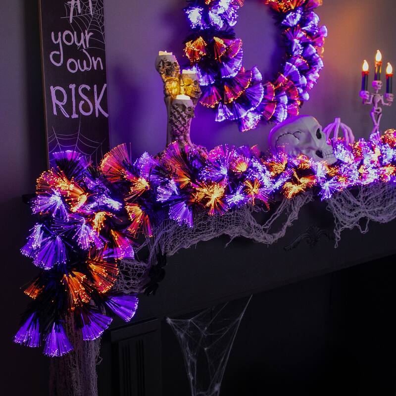 Multi Function Fiber Optic Artificial Halloween Garland - 6' x 6" - Black - Purple and Orange LED