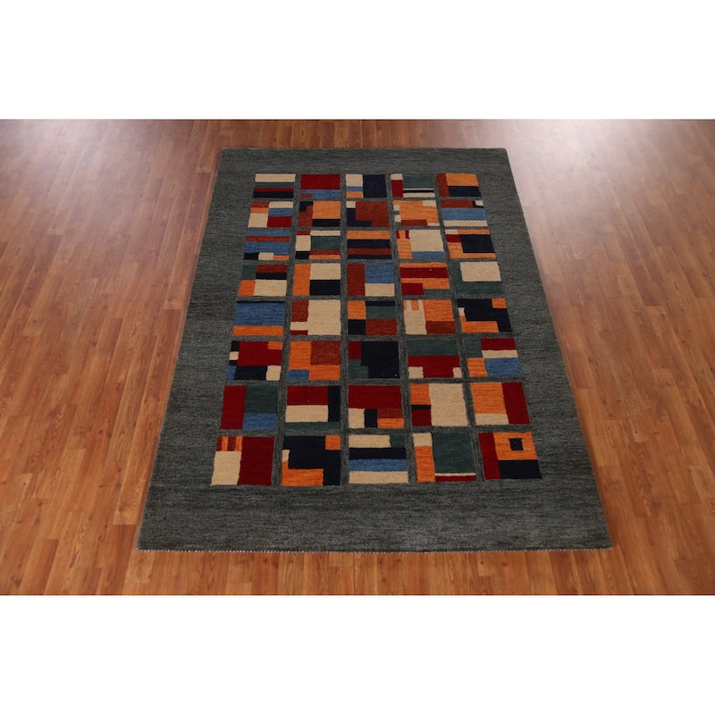 Geometric Grey Modern Indian Area Rug Handmade Wool Carpet - 5'3" x 7'7"