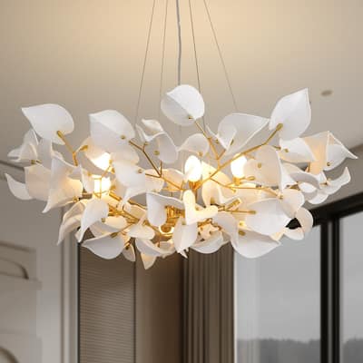 KAYLA 31.5" 6-Light Luxury Gold Round Chandelier, Modern Ceramic Leaf Branch