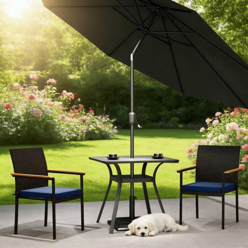 GDFStudio Outdoor Acacia Wood Armrest Rattan Outdoor Dining Chairs Set of 2 - Brown+Navy Blue