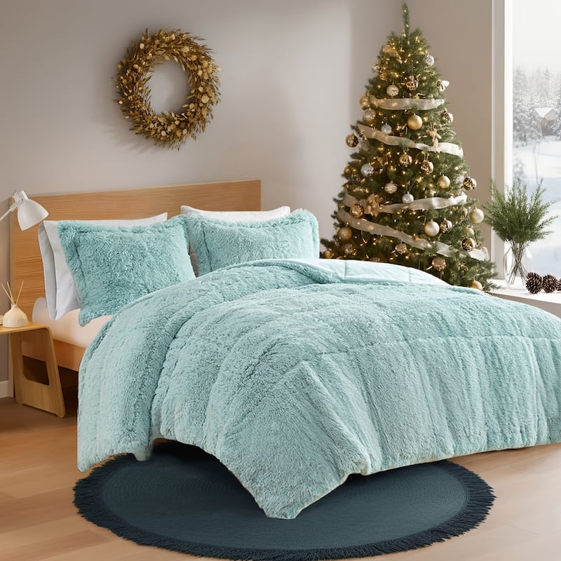 Intelligent Design Leena Shaggy Long Fur Comforter Mini Set - Aqua - King