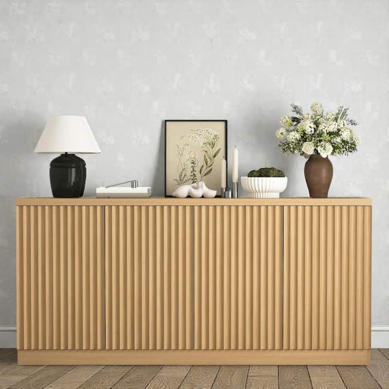 62.6 Inch Buffet Cabinet with Storage, Long Sideboard Cabinet with 4 Doors and Shelves, Wood Coffee Bar Credenza - Natural