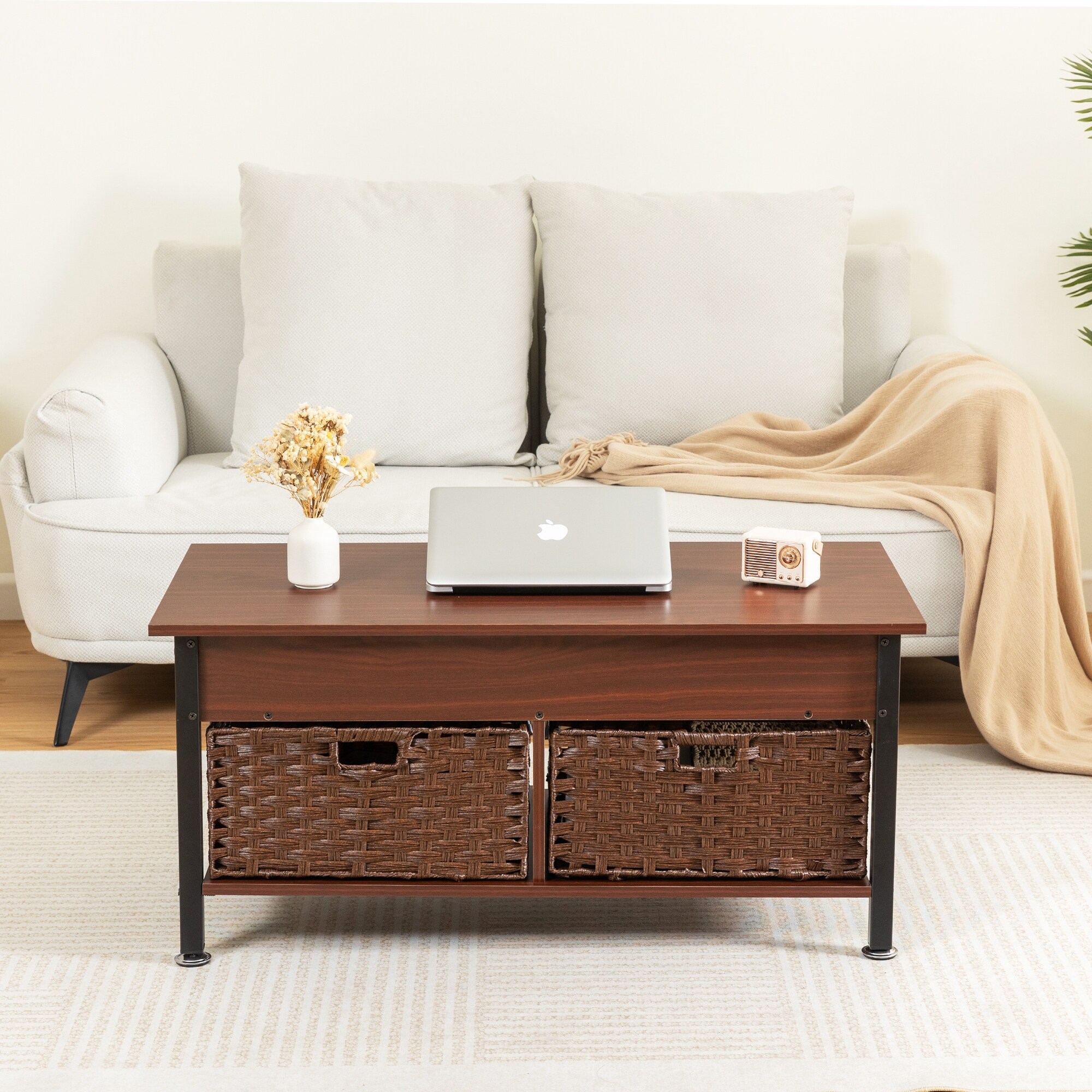 Lift Top Coffee Table with Hidden Storage Space Versatile Brown Coffee Table with 2 Removable Wicker Baskets Bed Bath Beyond 40550581