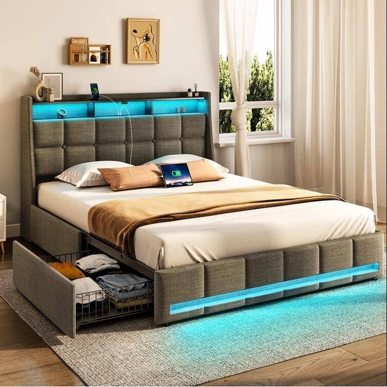 Bed Frame with Upholstered Headboard and 4 Drawers,Plateform Bed with Charging Station and RGB LED Lights