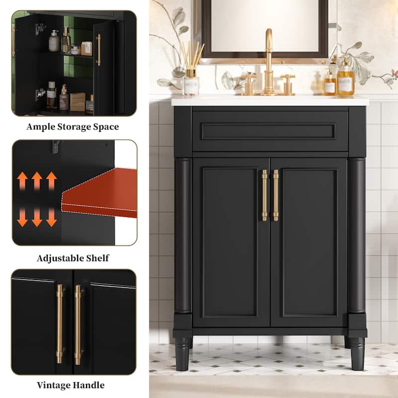 Roomfitters 24" Bathroom Vanity with Sink, Freestanding Single Sink Cabinet with Ceramic Basin and Double Door Storage, Black