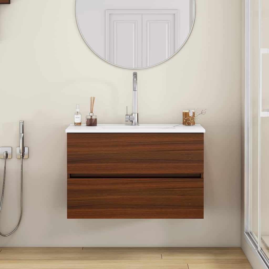 Wall-Mounted Walnut Bathroom Vanity with Double Drawers, Integrated Ceramic Sink, 32 Inch - 32 Inch