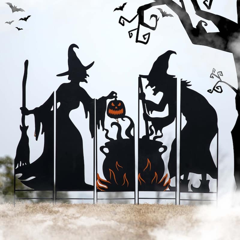 Glitzhome 34.5"H Set of 5 Halloween Metal Silhouette Witches with Cauldron Yard Stake (Two function)