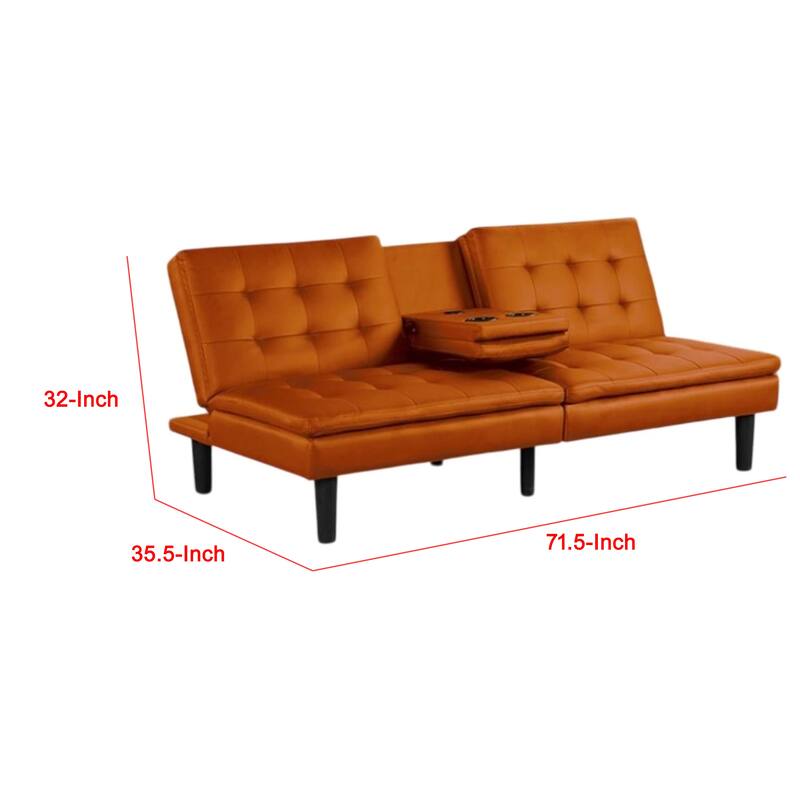 Berie Futon Sofa Bed, Drop-Down Tray, Cupholders, Orange Faux Leather