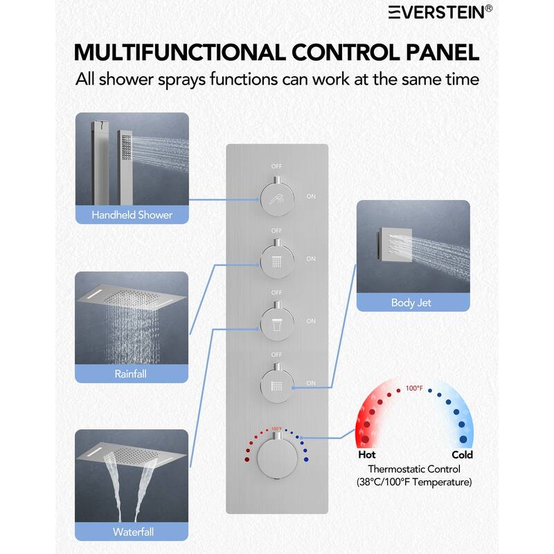 Multi-Function Thermostatic Shower System – Rainfall, Waterfall, Body Jets & LED Smart Control - 15*23