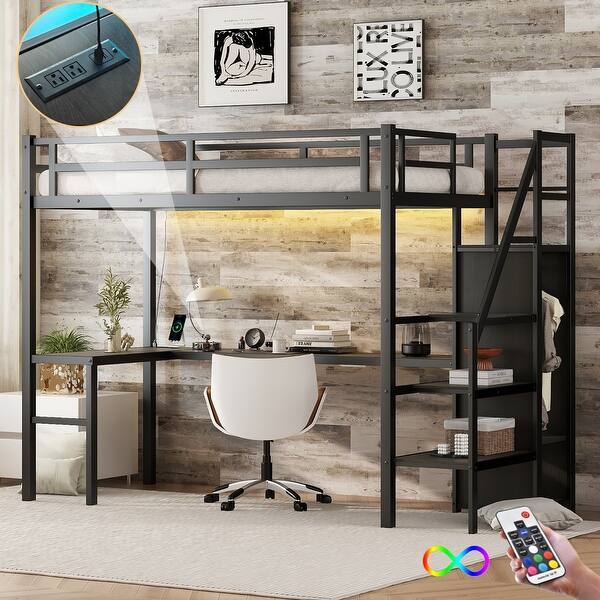 slide 2 of 12, Twin XL Size Loft Bed with L-shaped Desk and USB, Metal Loft Bed with Wardrobe and Adjustable Shelf, High Loft Bed with LED Black