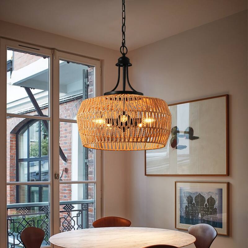 Boho Hemp Rope Pendant Light,with Adjustable Chain, Natural Rope Shade Light, for Restaurants, Cafes, Bars