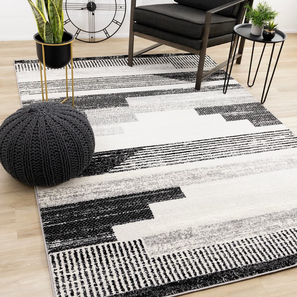 Soft Low-Pile Black White Patterned Lines Area Rug
