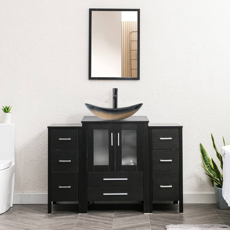 48" Bathroom Vanity Set Vessel Sink Faucet W/ Small Cabinet Combo - Glass champagne boat sink - Black