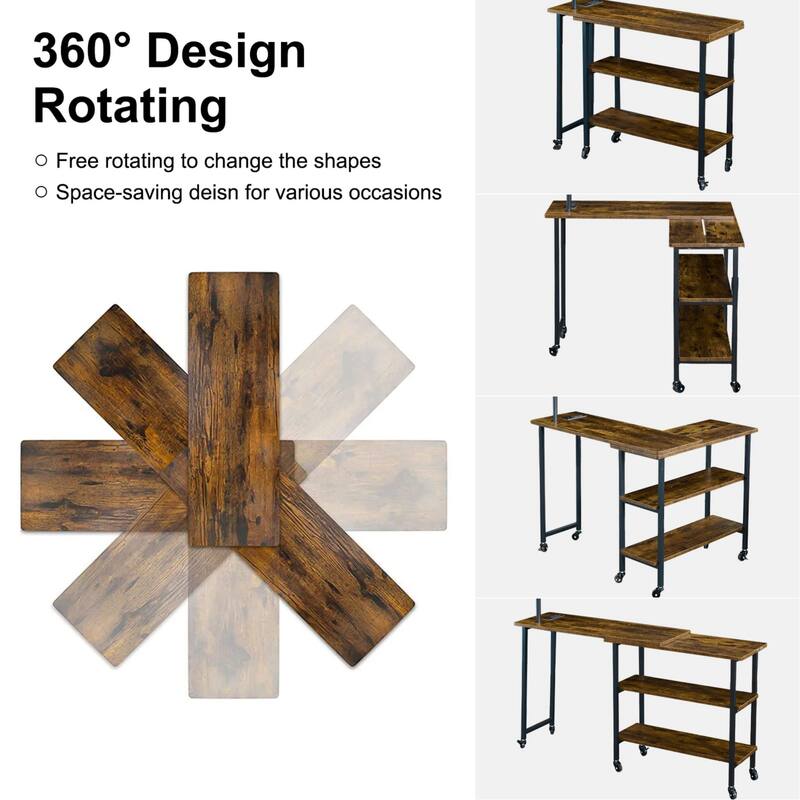 L-shaped Computer Desk with Desk Lamp, Wheels and Shelves