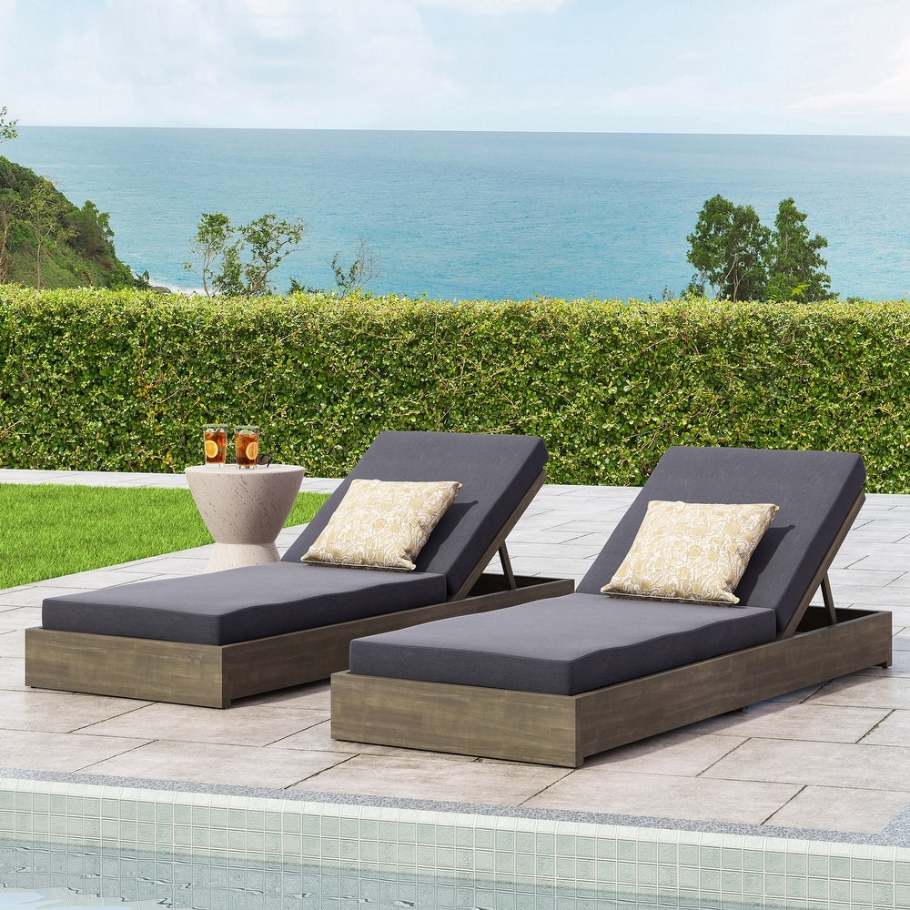 Ian Outdoor Acacia Wood Chaise Lounge with Cushion (Set of 2) by Christopher Knight Home