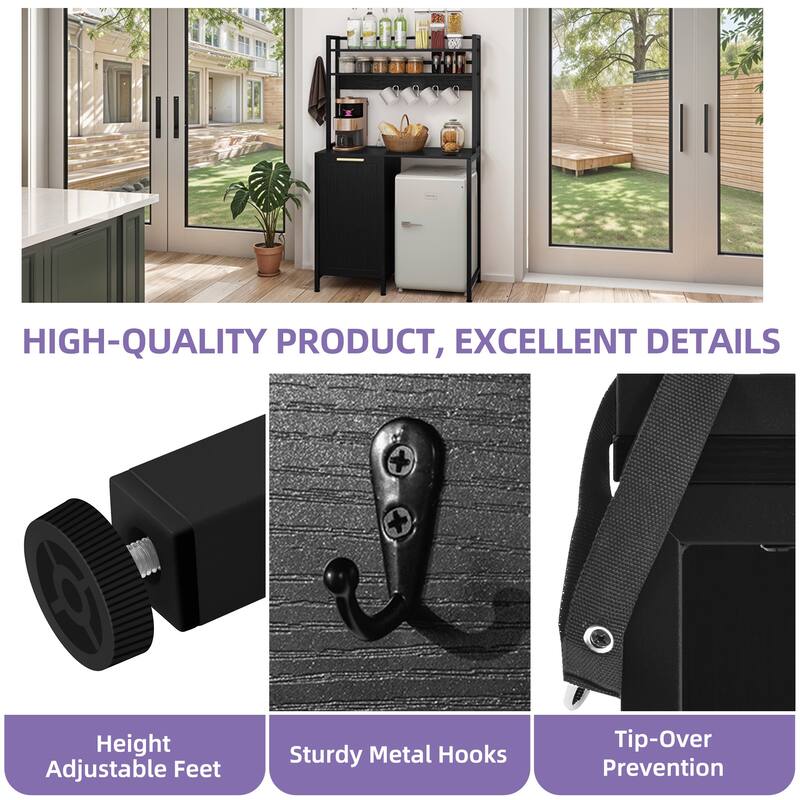 Kitchen Baker's Rack with Mini Fridge Space Trash Can Cabinet and Charger Station for Dorm or Small Space Organization