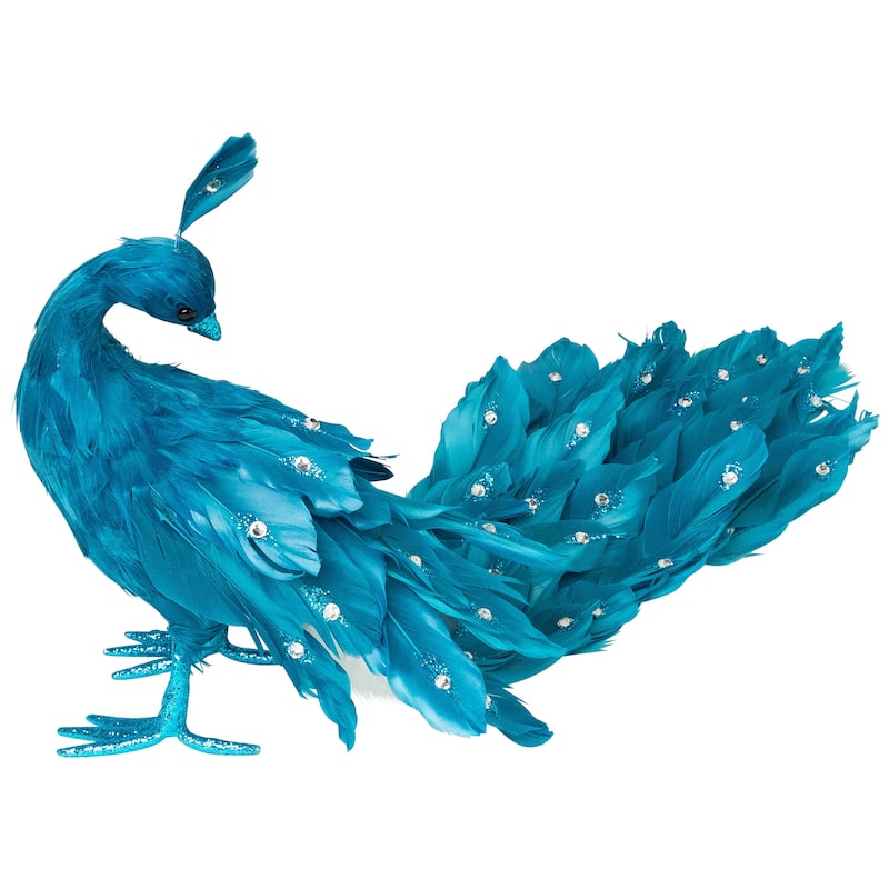 Peacock Glittered with Faux Crystals Christmas Decoration - 24" - Blue
