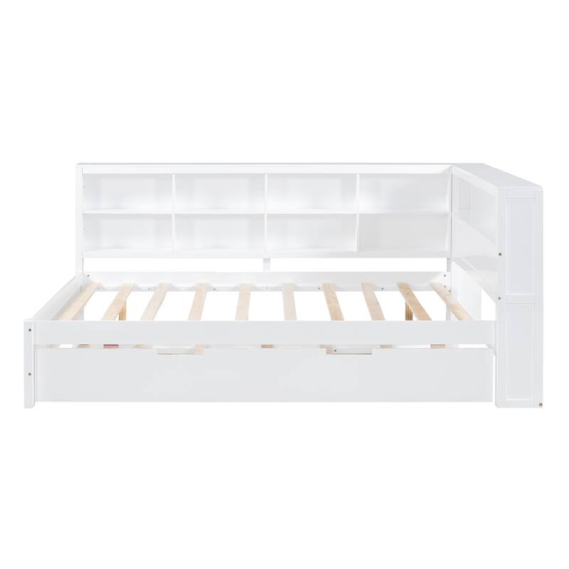 Wooden Full Size DayBed with Twin Size Trundle, DayBed with Storage Shelf and USB Charging Ports