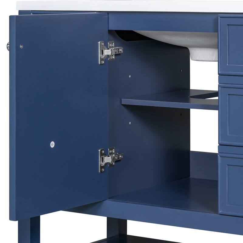 36" Blue Bathroom Vanity Cabinet, Three Drawers, One Cabinet, Open Shelf, Freestanding Design