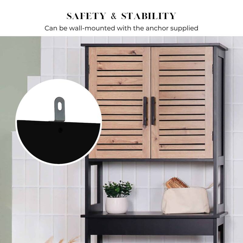 Over The Toilet Storage Cabinet with Double Vented Doors and Open Shelf, Black and Brown - Bergen Collection