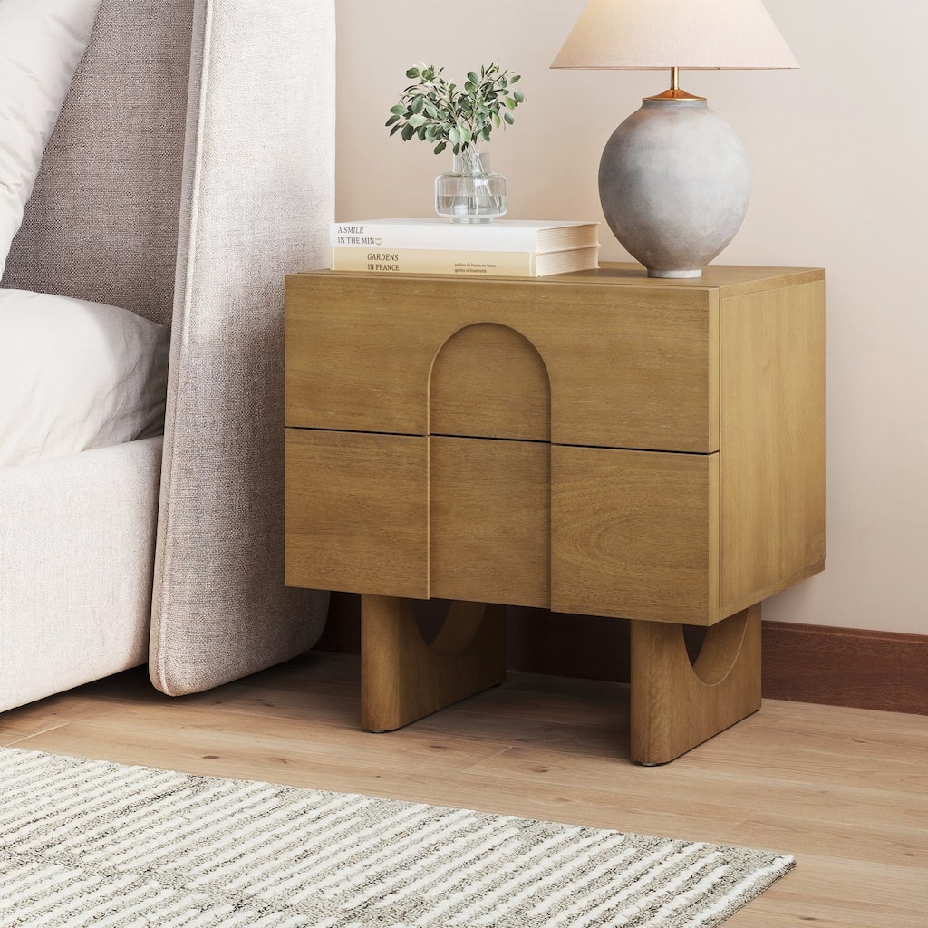 Jett Mid Century Modern Nightstand, Wooden Bedside Table with Drawers and Arched Door Cutout