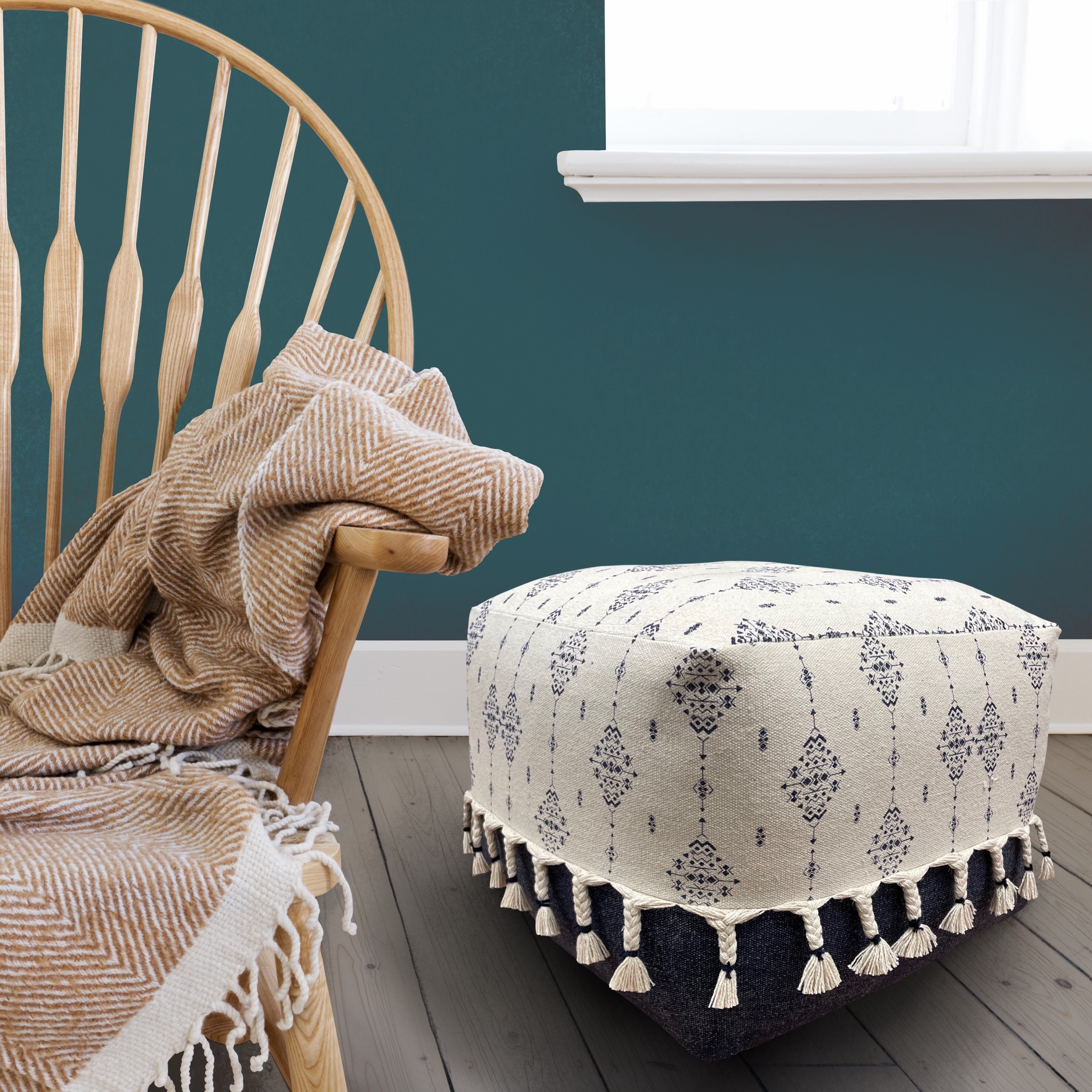 Navy and Ivory Scandinavian Ornamental Motif Pouf Ottoman On