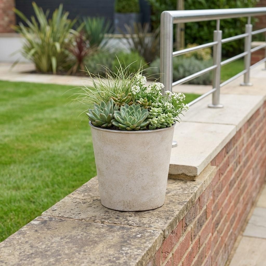 HomeRoots 5" Cream Recycled Plastic Indoor Outdoor Round Pot Planter