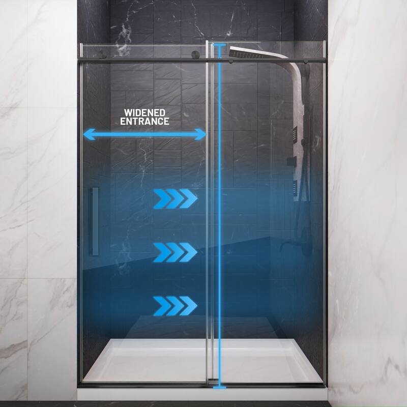 Mountain 48-inch Reversible Frameless Sliding Glass Shower Door with Soft-Close System
