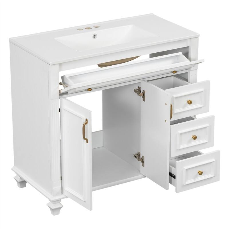 36" Bathroom Vanity with Ceramic Sink, Freestanding Bathroom Vanity Cabinet with Flip-Out Drawer, 3 Drawers & 2 Soft-Close Doors