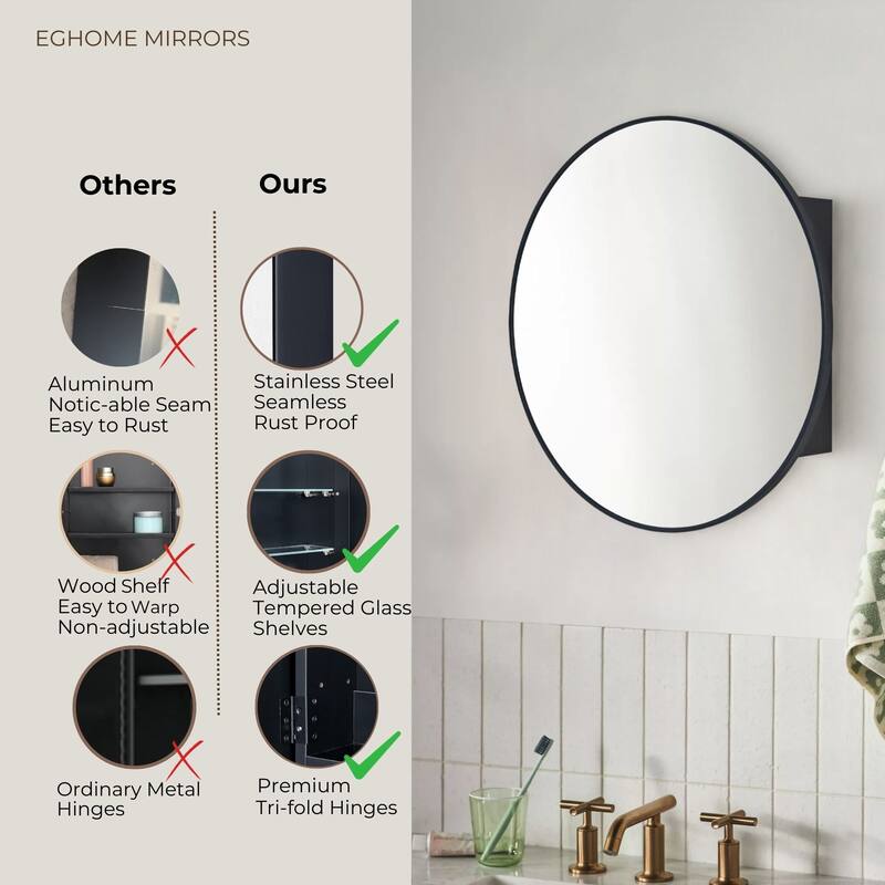 Surface Mount Black Circular Round Bathroom Medicine Cabinet with Mirror and adjustable shelves - 26" x 26"