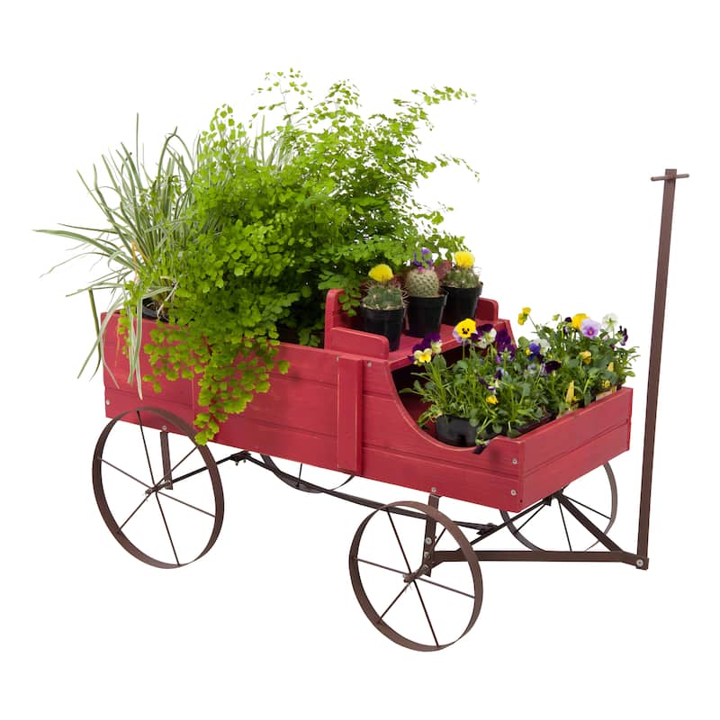 Goldcast Rustic Wagon Garden Planter with Metal Wheels